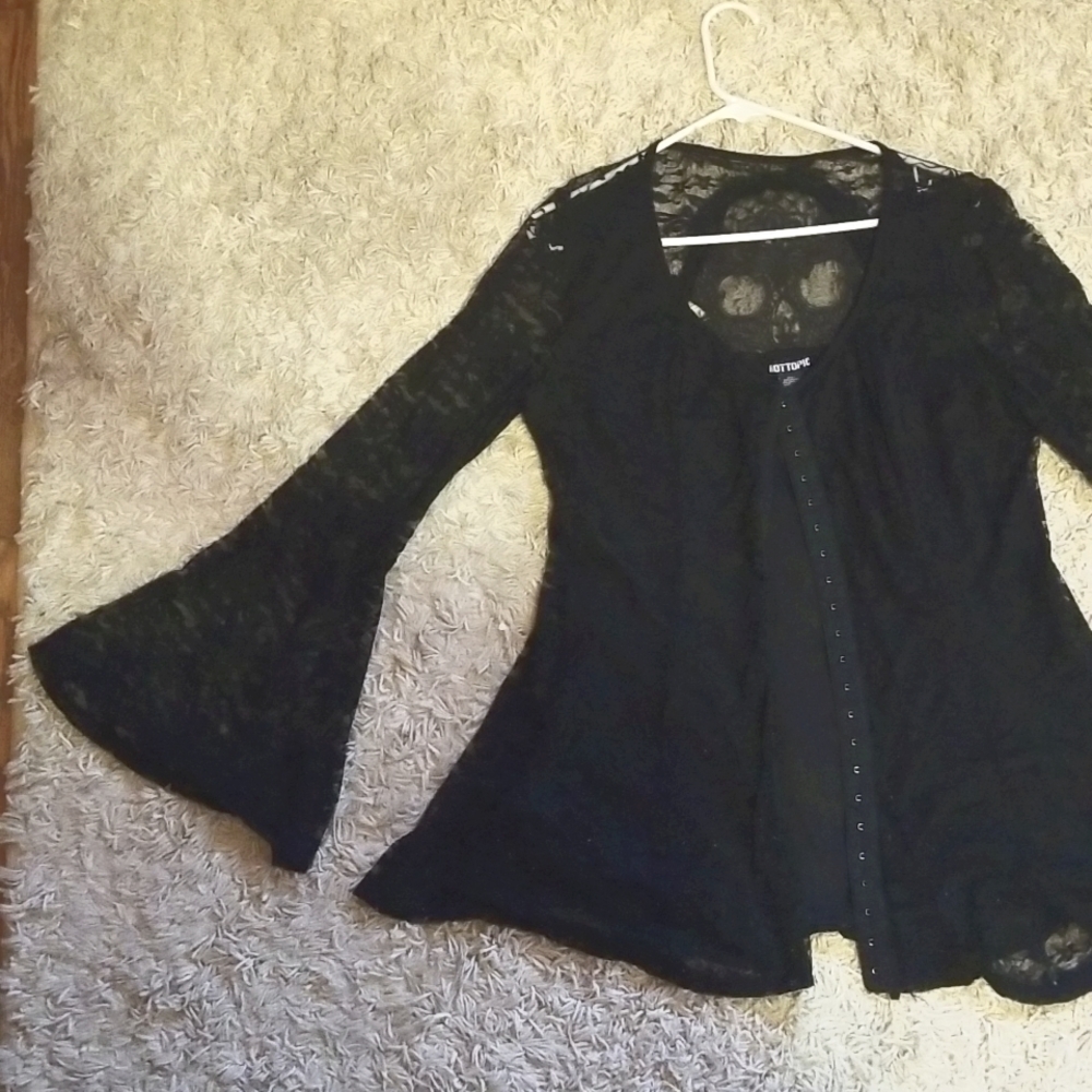 Hot Topic Lace Bell Sleeve Skull Top Shirt Black XXL